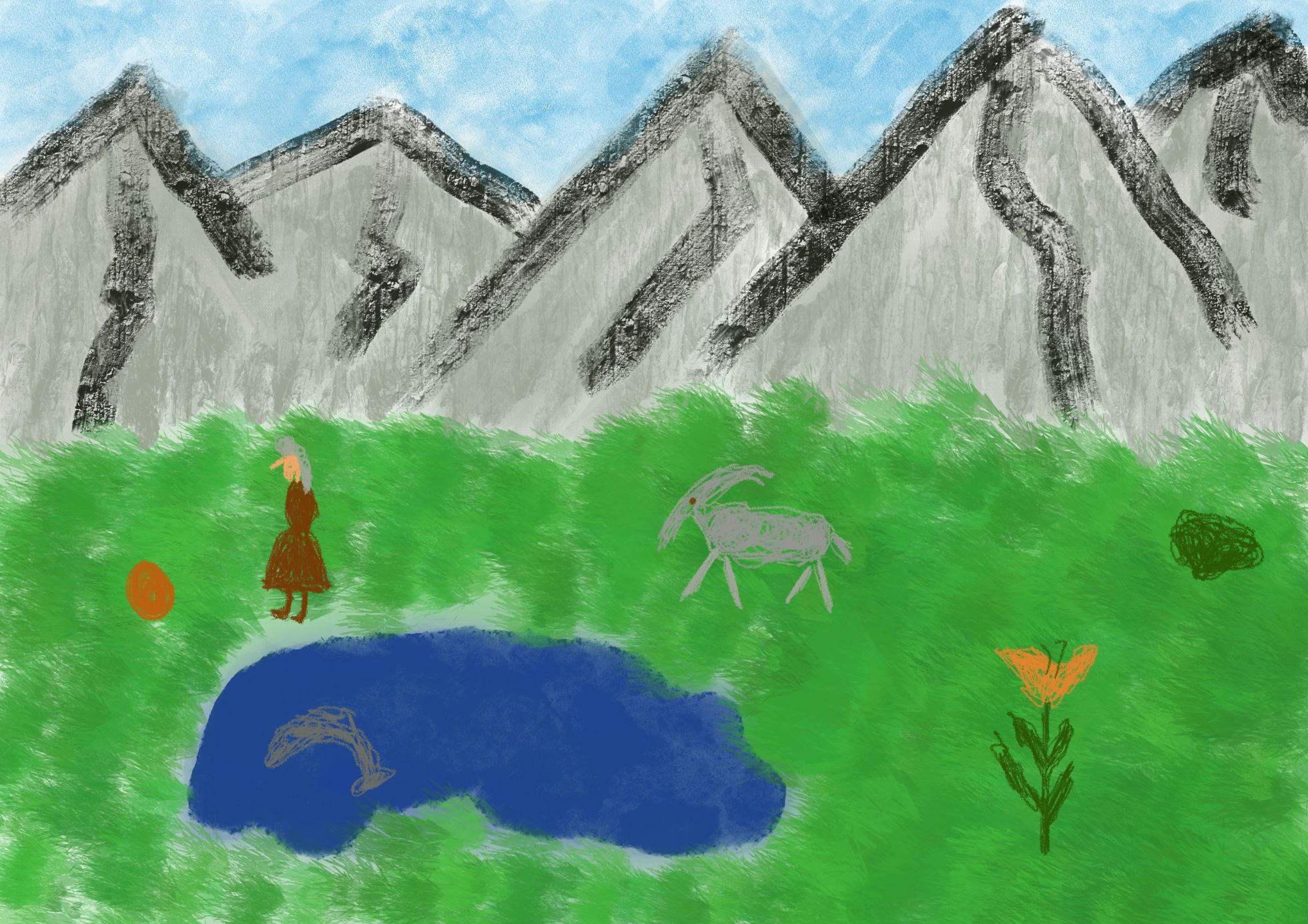 Zu sehen ist ein selbst gemaltes Bild mit Bergen, einem Bergsee und einer Frau mit Ziege.